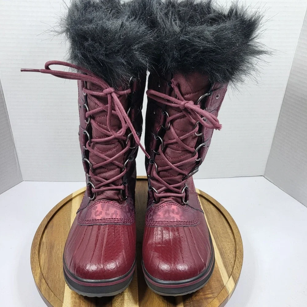 Sorel Women's‎ Tofino II Boots 7 Burgundy Leopard Waterproof Winter Snow NL3072